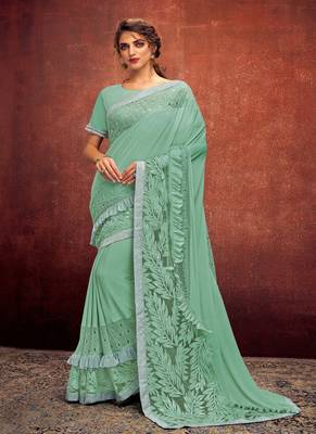   sea green embroidered lycra saree with blouse 1