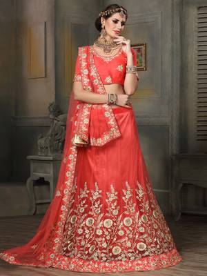 Red Embroidered Net Unstitched Lehenga 1