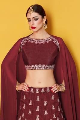 Maroon Embroidered Art Silk Unstitched Lehenga 3