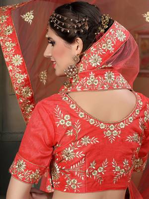 Red Embroidered Net Unstitched Lehenga 3