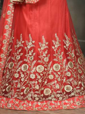 Red Embroidered Net Unstitched Lehenga 4
