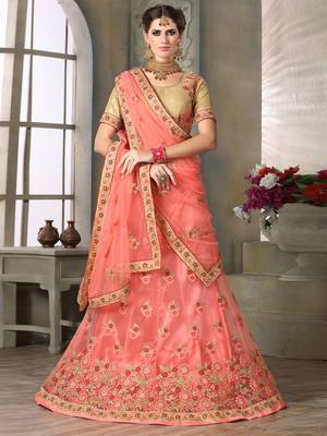 Peach Embroidered Net Unstitched Lehenga 1