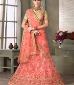 Peach Embroidered Net Unstitched Lehenga