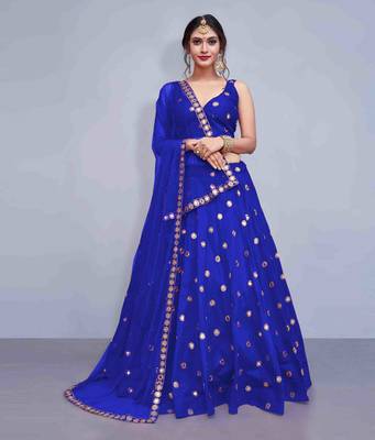 Navy Blue Embroidered Art Silk Unstitched Lehenga 2