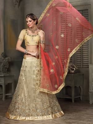 Beige Embroidered Net Unstitched Lehenga 1