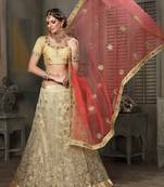 Beige Embroidered Net Unstitched Lehenga