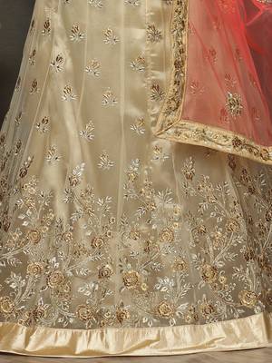 Beige Embroidered Net Unstitched Lehenga 4