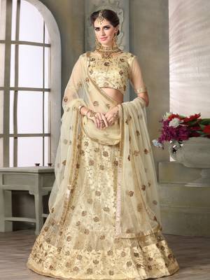 Beige Embroidered Net Unstitched Lehenga With Dupatta 1