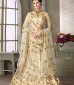 Beige Embroidered Net Unstitched Lehenga With Dupatta
