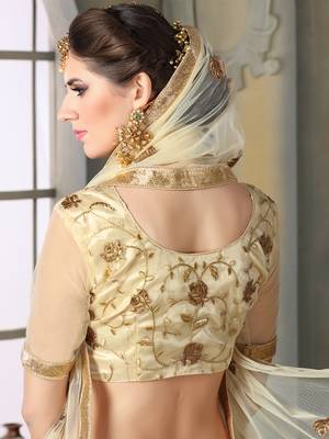 Beige Embroidered Net Unstitched Lehenga With Dupatta 3