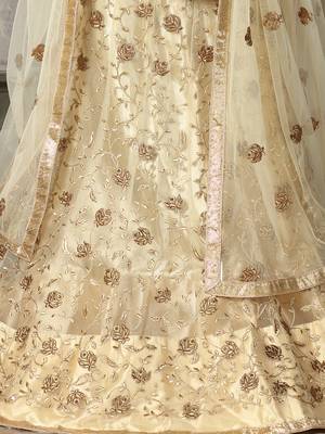 Beige Embroidered Net Unstitched Lehenga With Dupatta 4