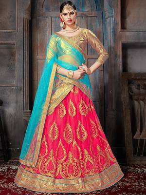 Pink Embroidered Net Semi Stitched Lehenga With Dupatta 4