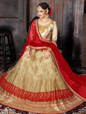 Beige Embroidered Net Semi Stitched Lehenga With Dupatta 1