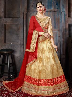 Beige Embroidered Net Semi Stitched Lehenga With Dupatta 3