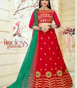 Red Embroidered Art Silk Semi Stitched Lehenga