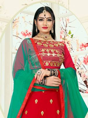 Red Embroidered Art Silk Semi Stitched Lehenga 2
