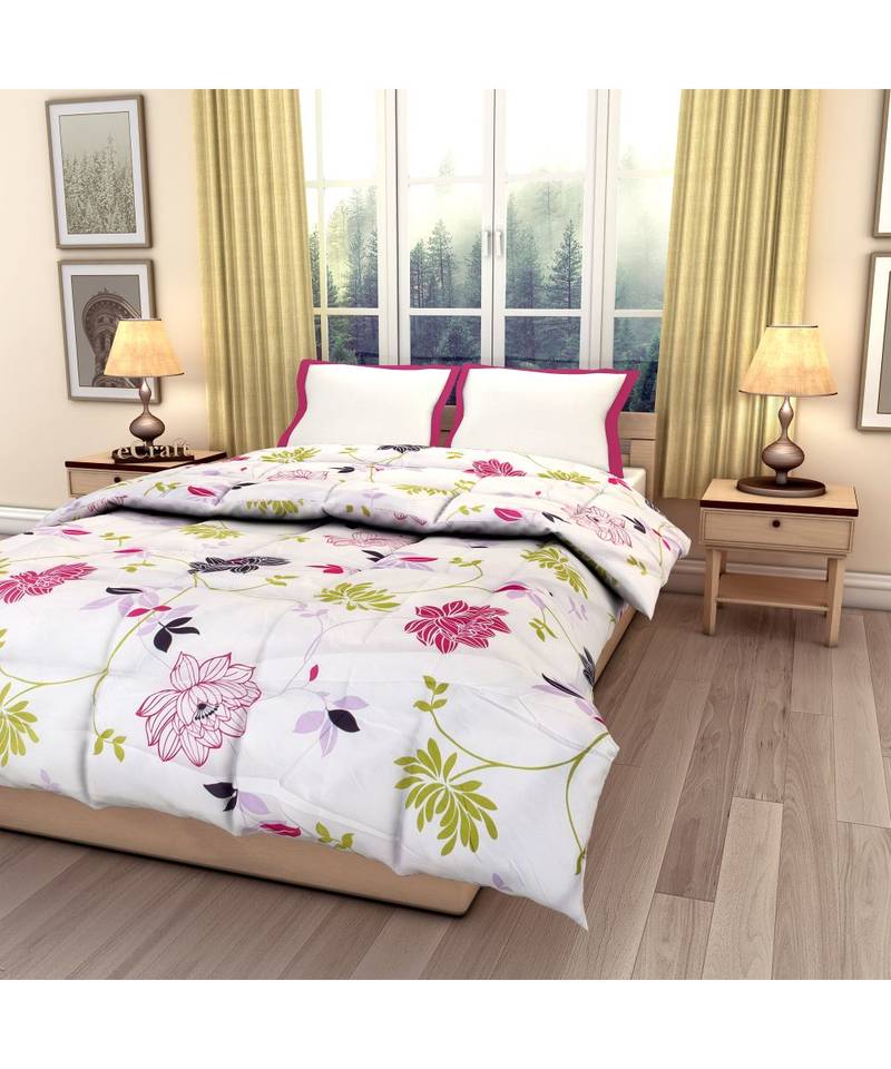 White floral print Printed Single Bed Reversible AC Comforter