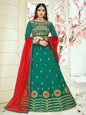 Turquoise Embroidered Art Silk Semi Stitched Lehenga 1