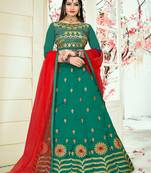 Turquoise Embroidered Art Silk Semi Stitched Lehenga