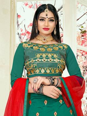 Turquoise Embroidered Art Silk Semi Stitched Lehenga 2