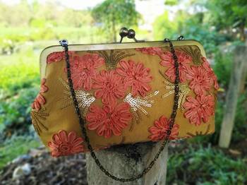 bagzVela Peach Color Golden Sequin Clutch 1