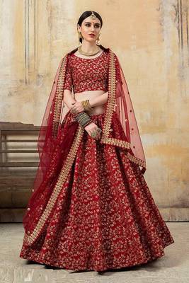 Maroon Thread Embroidery Silk Semi Stitched Lehenga 1