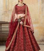 Maroon Thread Embroidery Silk Semi Stitched Lehenga