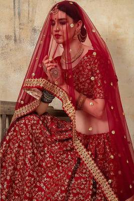 Maroon Thread Embroidery Silk Semi Stitched Lehenga 2