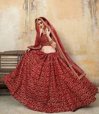 Maroon Thread Embroidery Silk Semi Stitched Lehenga 3
