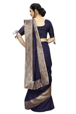 Navy blue plain art silk saree with blouse 3