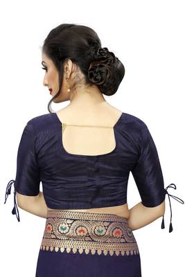 Navy blue plain art silk saree with blouse 4