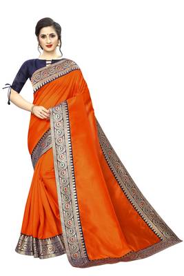 Orange plain art silk saree with blouse 1