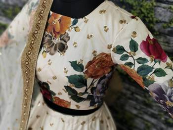 White Thread Embroidery Silk Semi Stitched Lehenga 3