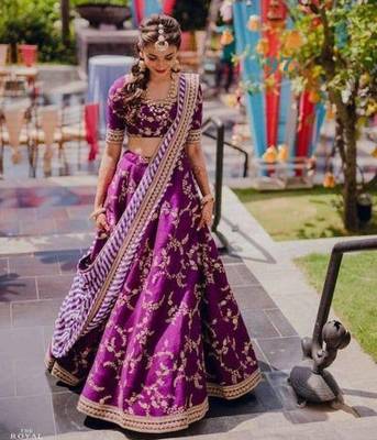 Purple Printed Silk Semi Stitched Lehenga 1