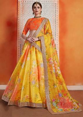 Yellow Printed Organza Semi Stitched Lehenga 1