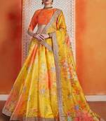 Yellow Printed Organza Semi Stitched Lehenga