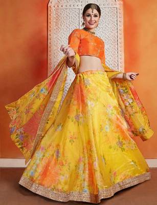 Yellow Printed Organza Semi Stitched Lehenga 3