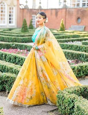Yellow Printed Organza Semi Stitched Lehenga 1