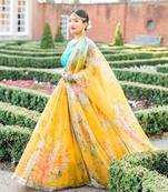 Yellow Printed Organza Semi Stitched Lehenga