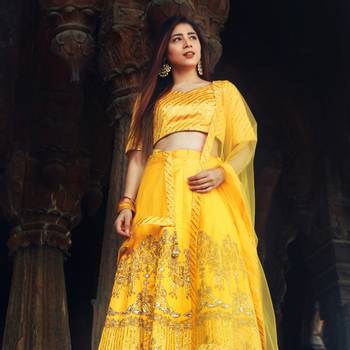 Yellow Thread Embroidery Silk Semi Stitched Lehenga 1