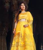 Yellow Thread Embroidery Silk Semi Stitched Lehenga