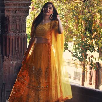 Yellow Thread Embroidery Silk Semi Stitched Lehenga 2