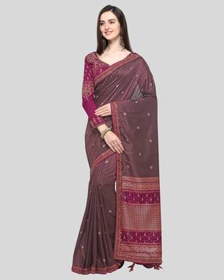 Wine Embroidered Silk Blend Saree With Blouse 1