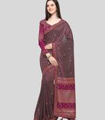Wine Embroidered Silk Blend Saree With Blouse
