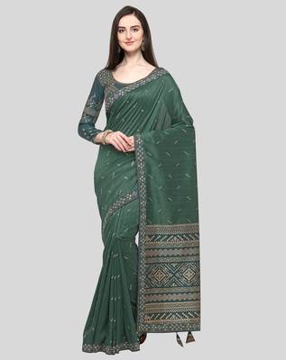 Green Embroidered Silk Blend Saree With Blouse 1