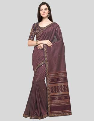 Wine Embroidered Silk Blend Saree With Blouse 1