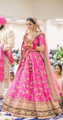 Pink Thread Embroidery Silk Semi Stitched Lehenga 1