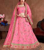Pink Thread Embroidery Silk Semi Stitched Lehenga
