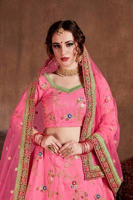 Pink Thread Embroidery Silk Semi Stitched Lehenga 3