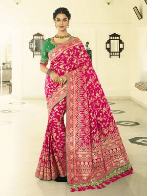 Dark Pink Embroidered Banarasi Silk Saree With Blouse 1